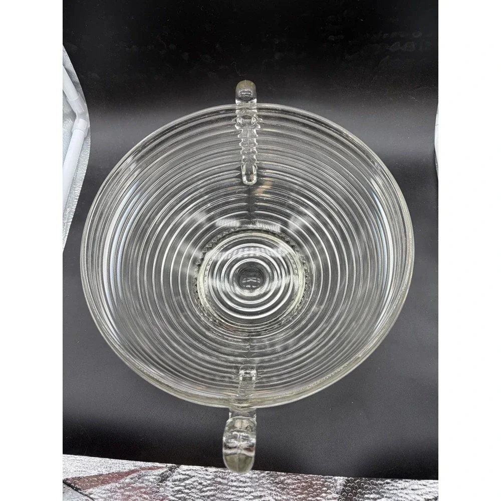 Vintage Clear Ribbed Glass Footed Serving Bowl with Handles Art Deco‎ Style